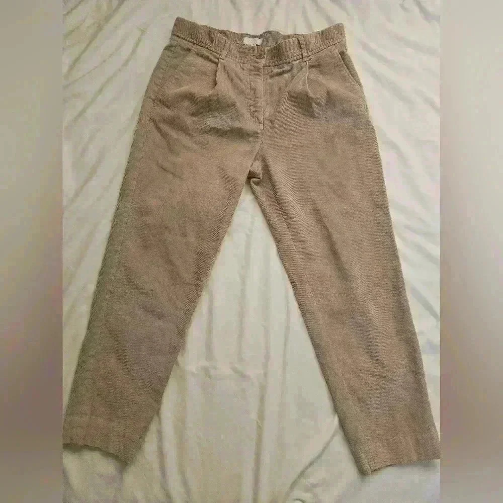 Mid-Rise Corduroy Pleated Cropped Dress Pants Beige Tan